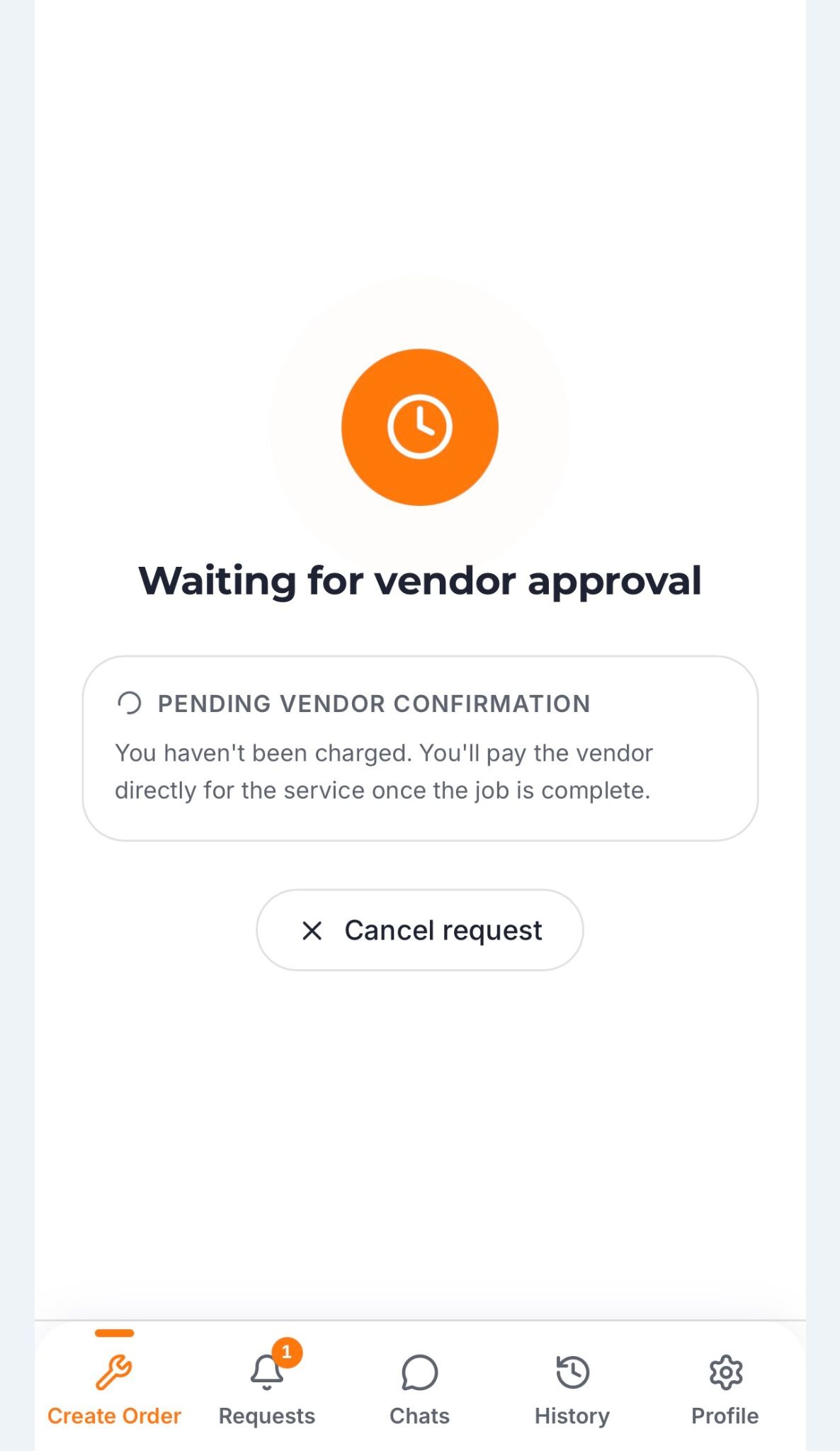 Trucker Guide Roadside Assistance screen showing a request waiting for vendor approval.