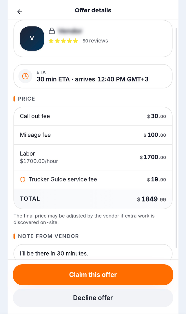 Trucker Guide Roadside Assistance offer details showing rating, reviews, pricing, and provider notes.