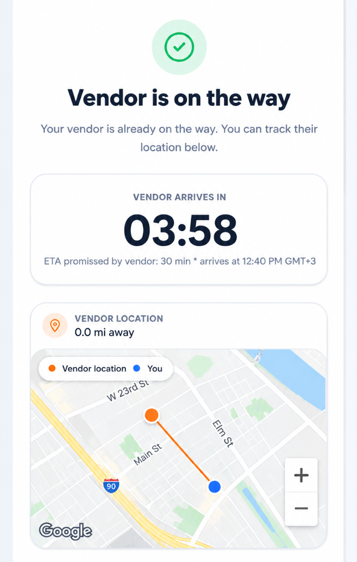 Trucker Guide Roadside Assistance screen showing the provider’s estimated arrival time timer.