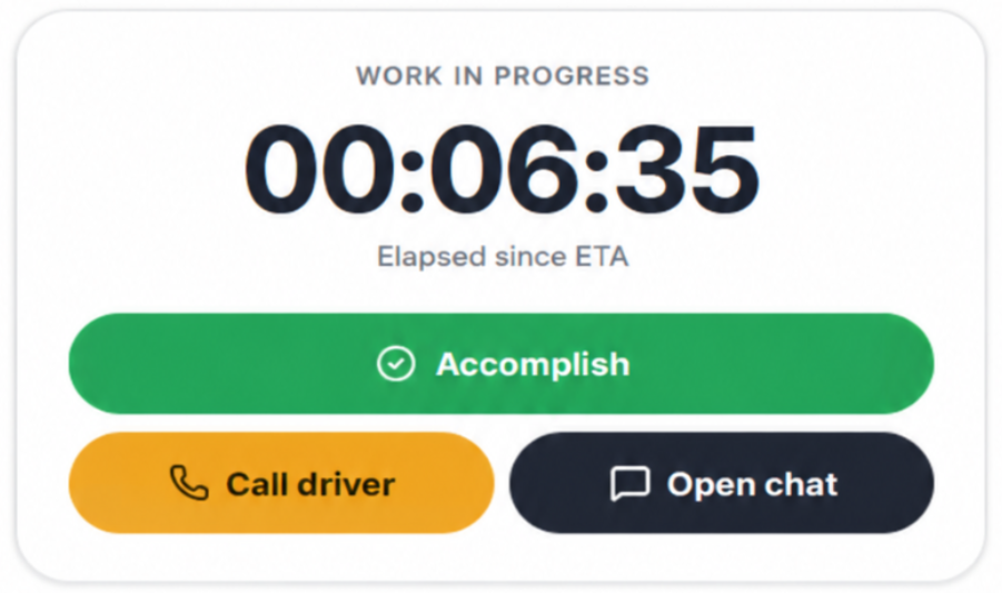 Trucker Guide Roadside Assistance screen showing the completed service request and “Accomplish” button to close the job.