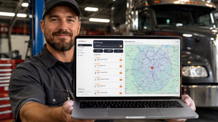 Trucker Guide Road Assistance vendor dashboard showing active roadside service requests and driver locations on a map.
