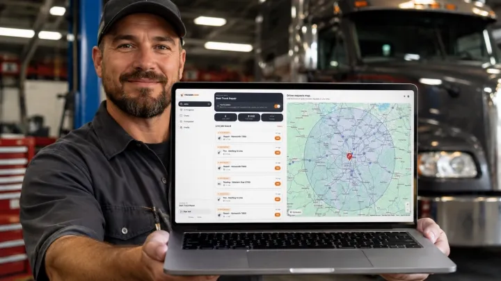 Trucker Guide Road Assistance vendor dashboard showing active roadside service requests and driver locations on a map.
