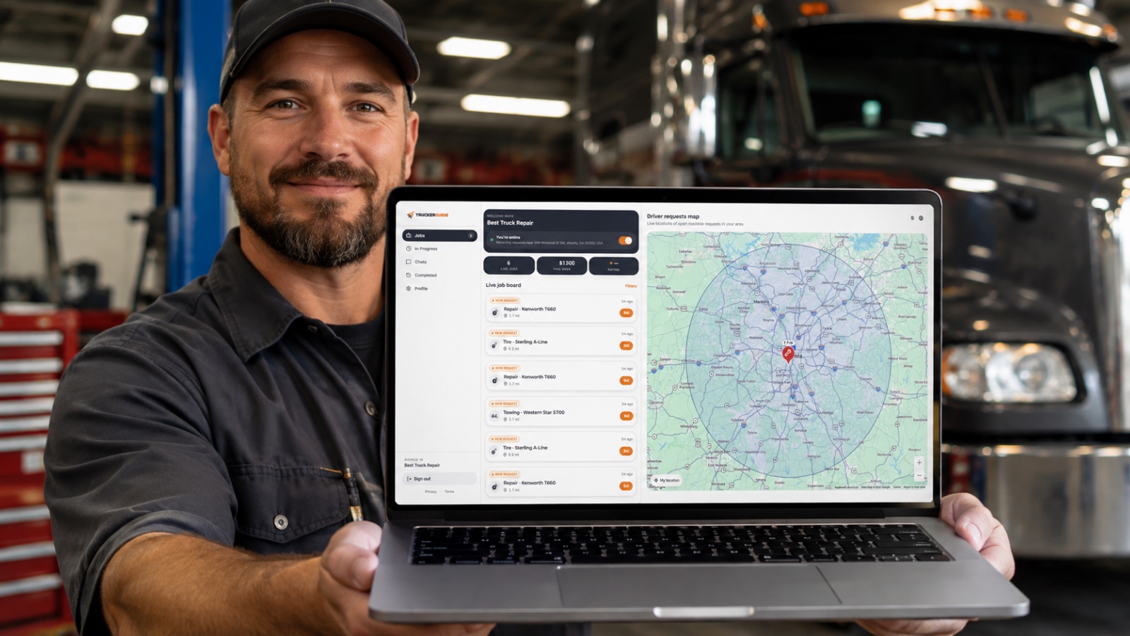 Trucker Guide Road Assistance vendor dashboard showing active roadside service requests and driver locations on a map.