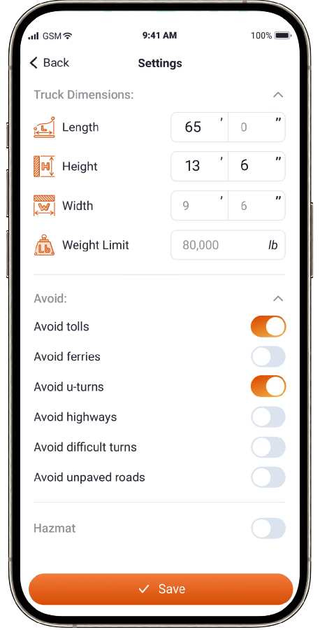 Trucker Guide navigation screen with truck-specific route settings for height, weight, and road restrictions