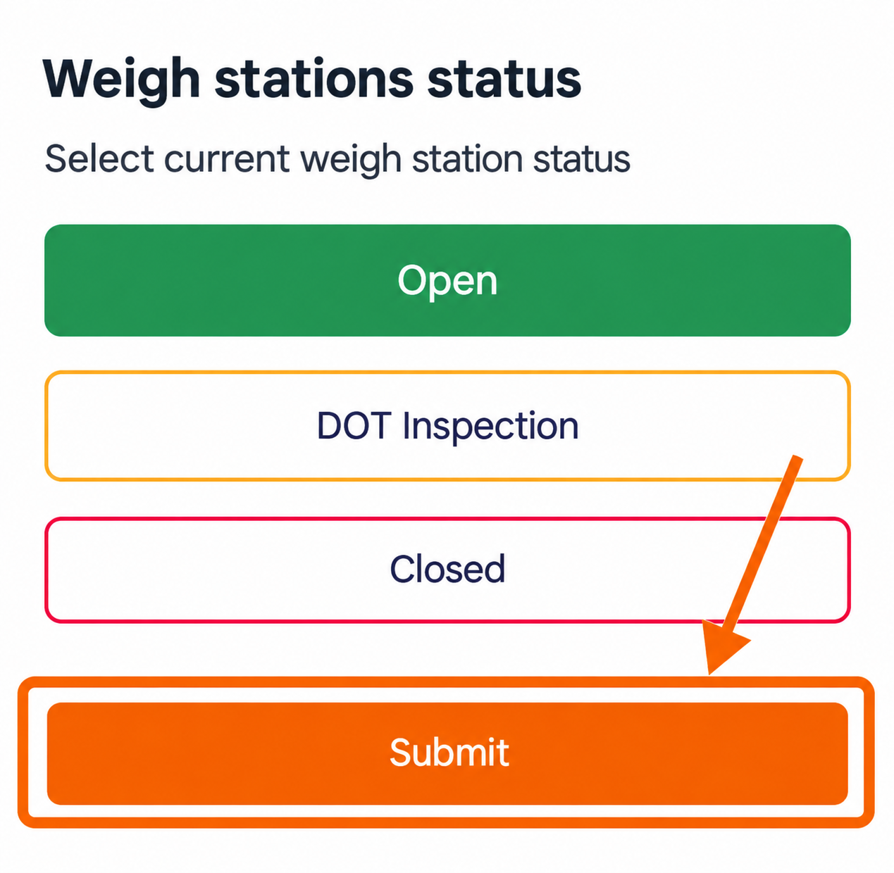 Trucker Guide weigh station status update screen for reporting whether a station is open or closed