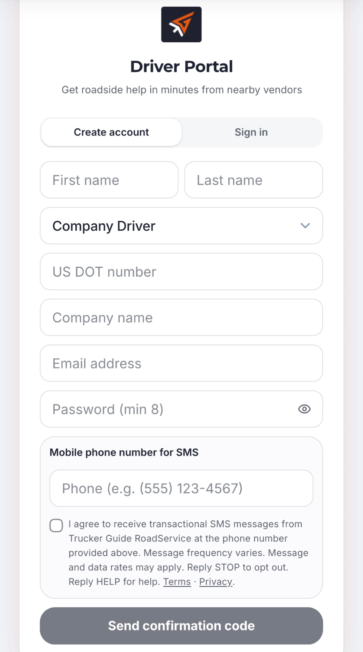 Trucker Guide Roadside Assistance sign-up and login screen for submitting a service request.