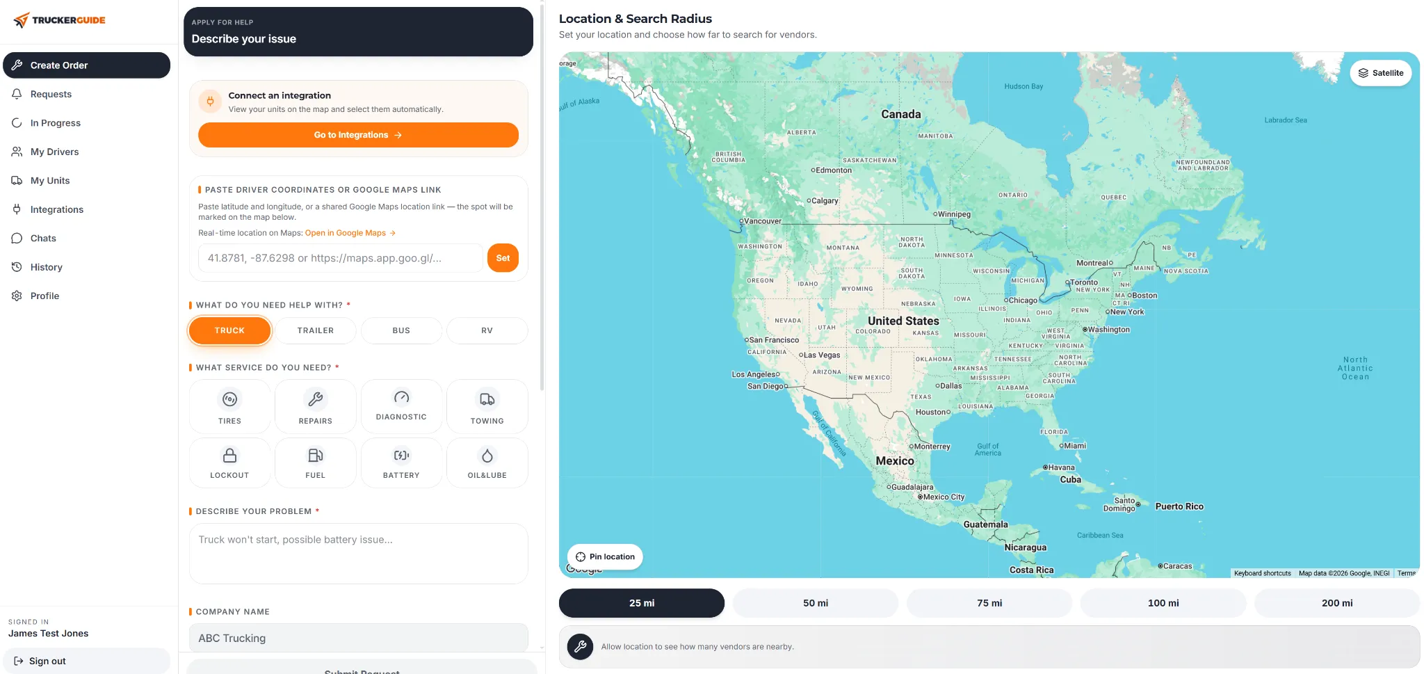 Trucker Guide Fleet Portal dashboard for managing fleet roadside assistance requests