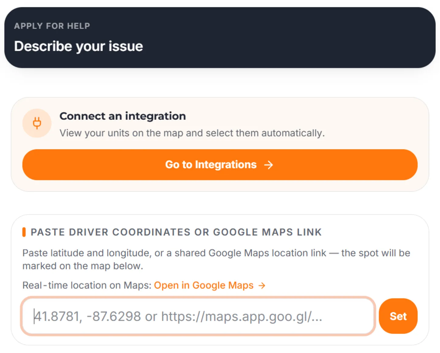 Trucker Guide roadside assistance page for entering the driver’s location.