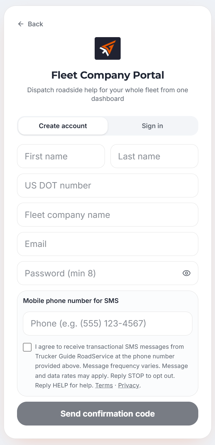 Trucker Guide Fleet Portal registration form with name, USDOT number, email, phone, and password fields