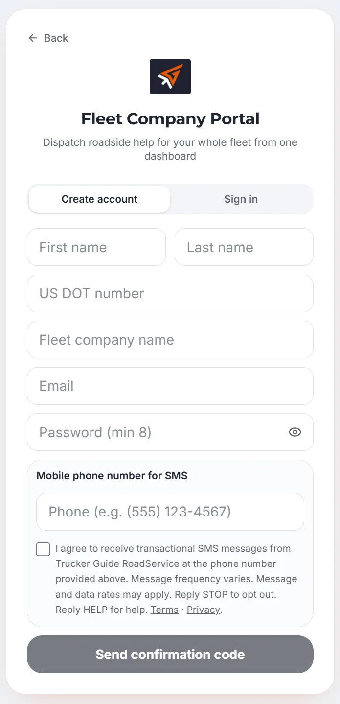 Trucker Guide Fleet Portal registration form with name, USDOT number, email, phone, and password fields