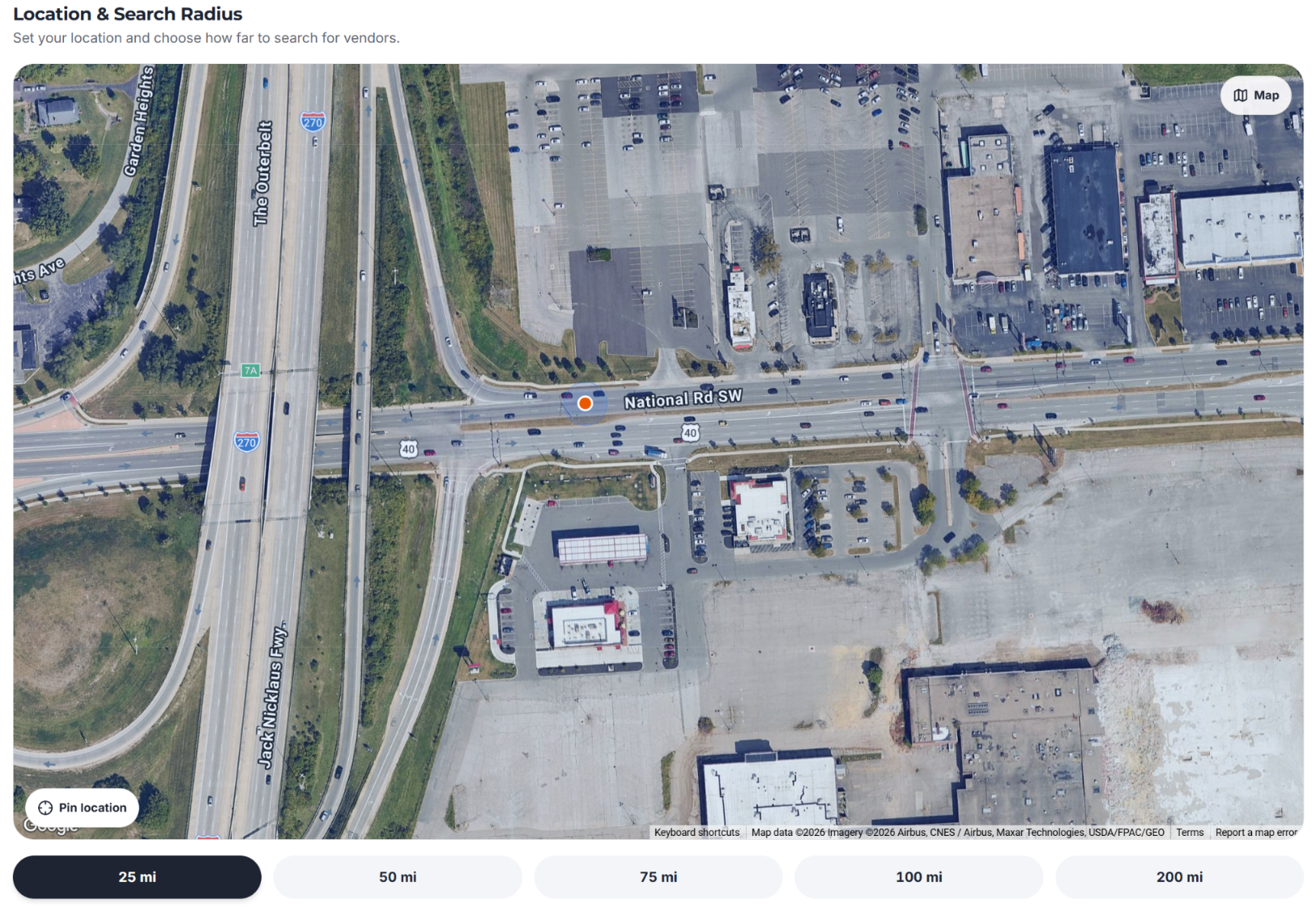 Trucker Guide satellite map view for precisely selecting a driver’s roadside assistance location.