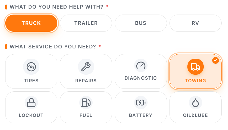 Trucker Guide roadside assistance form for selecting a vehicle type and required service.