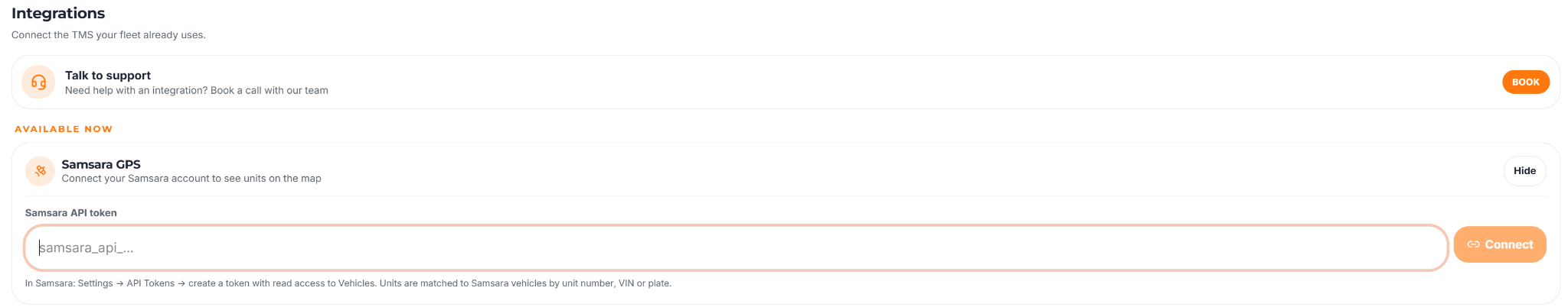 Trucker Guide Samsara GPS integration screen with an API token field.