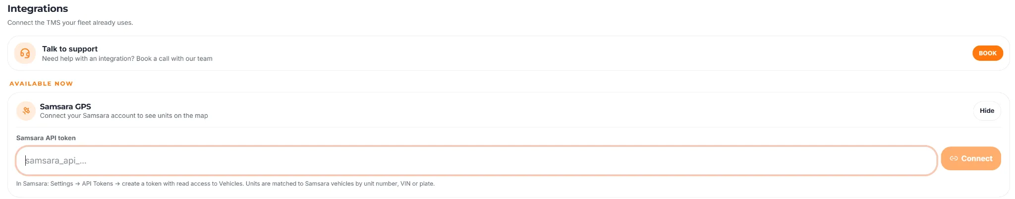 Trucker Guide Samsara GPS integration screen with an API token field.