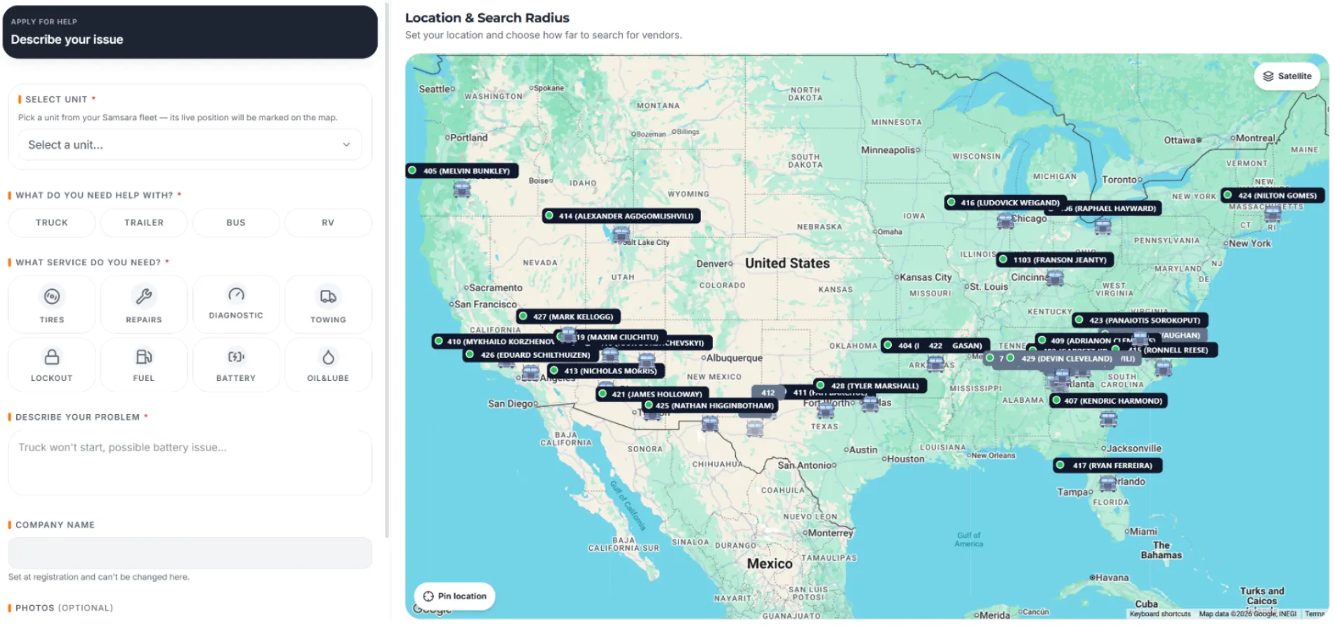 Trucker Guide Fleet Portal map displaying connected fleet units for roadside assistance.