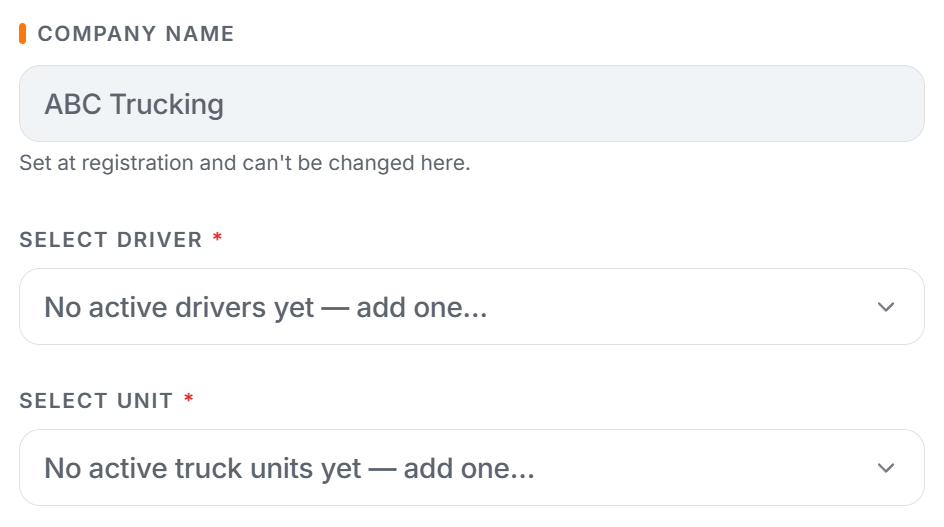 Trucker Guide Fleet Portal form for manually adding a driver and vehicle.