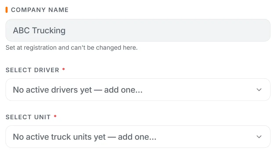 Trucker Guide Fleet Portal form for manually adding a driver and vehicle.