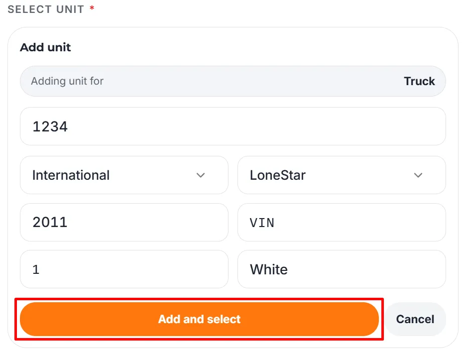 Trucker Guide vehicle form with unit, make, model, year, VIN, plate, and color fields.