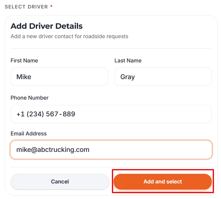 Trucker Guide driver form with name, phone number, and email fields.
