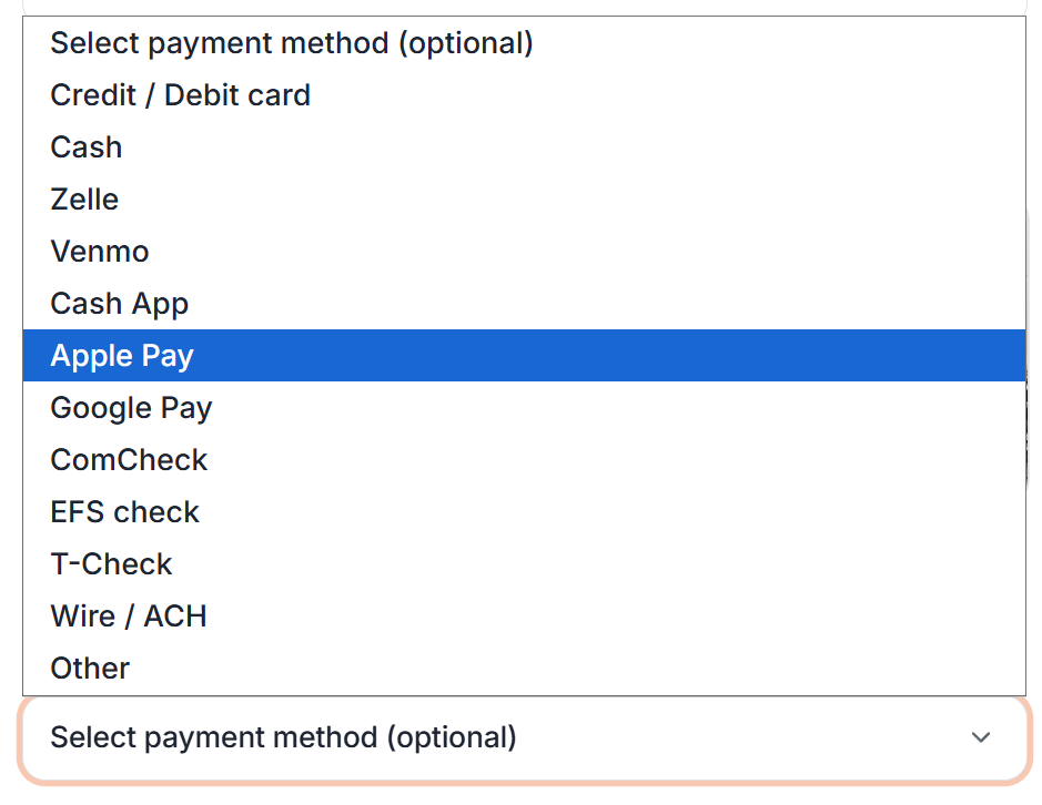 Trucker Guide Fleet Portal payment option section for a roadside assistance request.