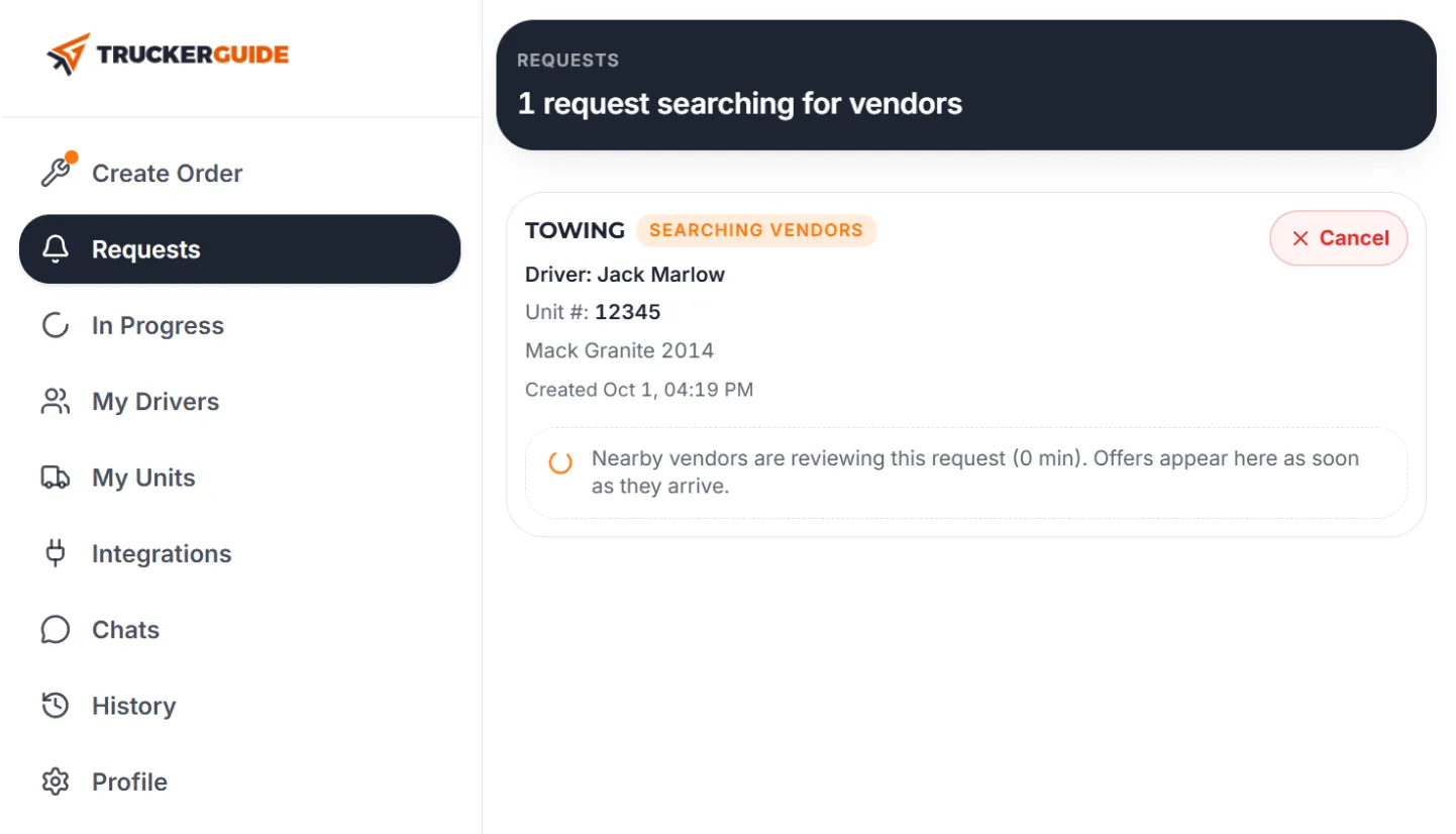 Trucker Guide Requests page showing a submitted roadside assistance request.