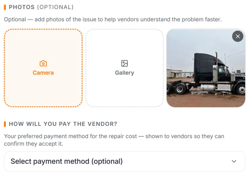 Trucker Guide photo upload section showing images added to a roadside assistance request.