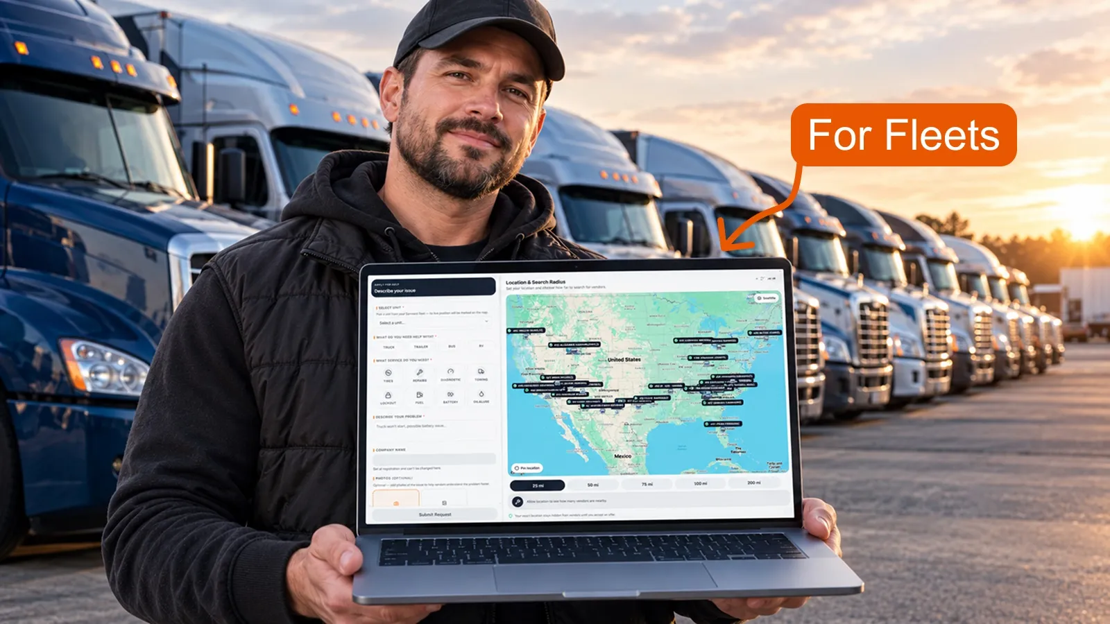 Trucker Guide roadside assistance request screen for fleet drivers