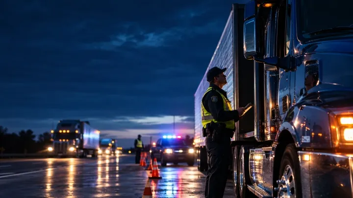 Police officer inspecting a truck during a nighttime commercial vehicle safety operation on a major highway.