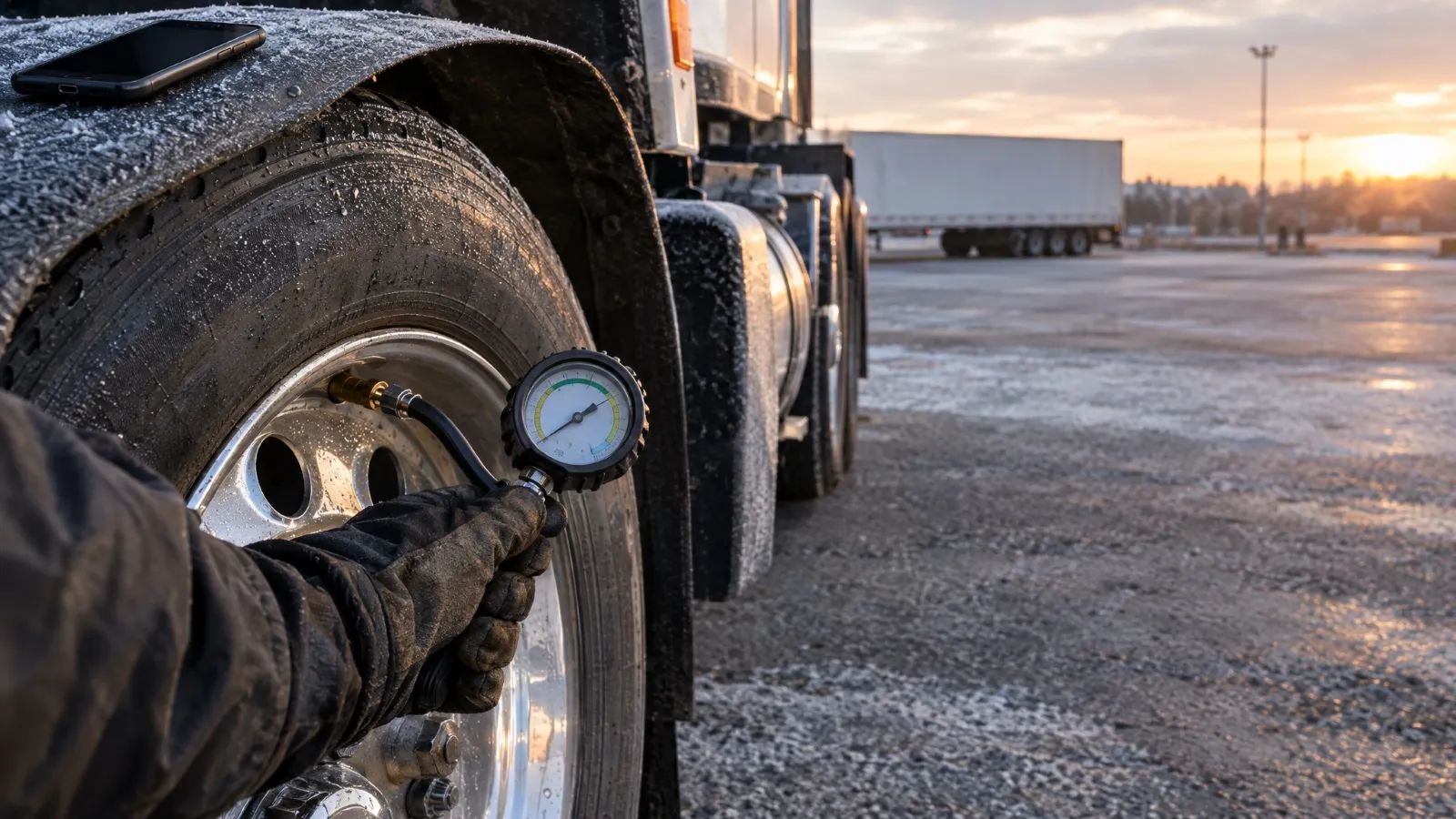 Checking tire pressure on a semi-truck inside dual with a long-hose gauge.
