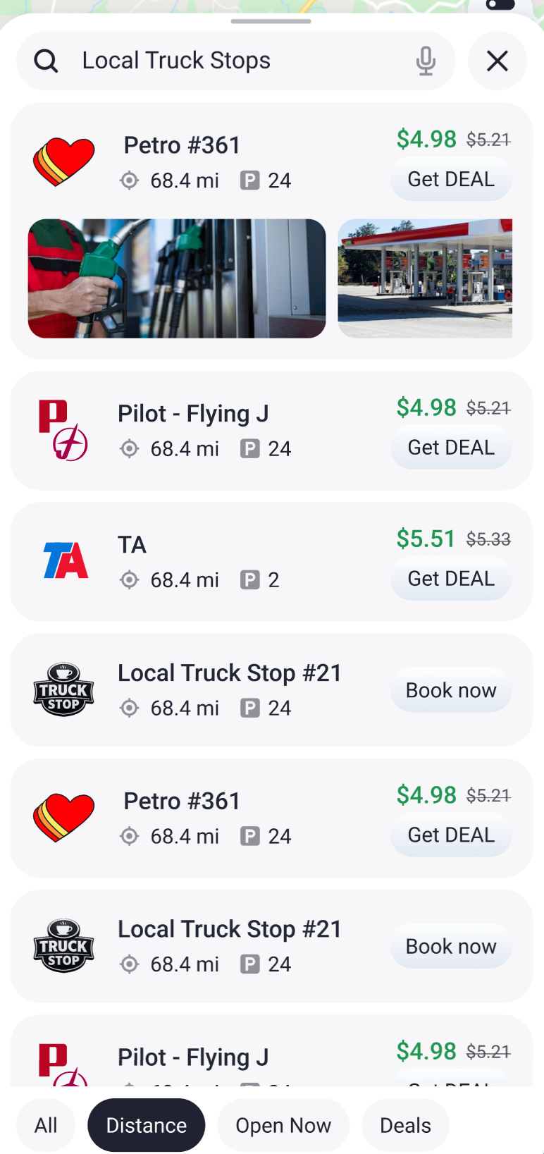 Trucker Guide app search filters for distance, open businesses, and available deals