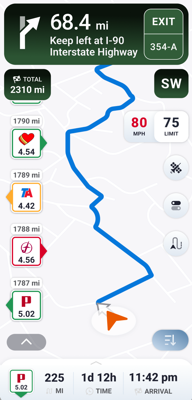 Trucker Guide navigation map with a simplified route display and satellite view option