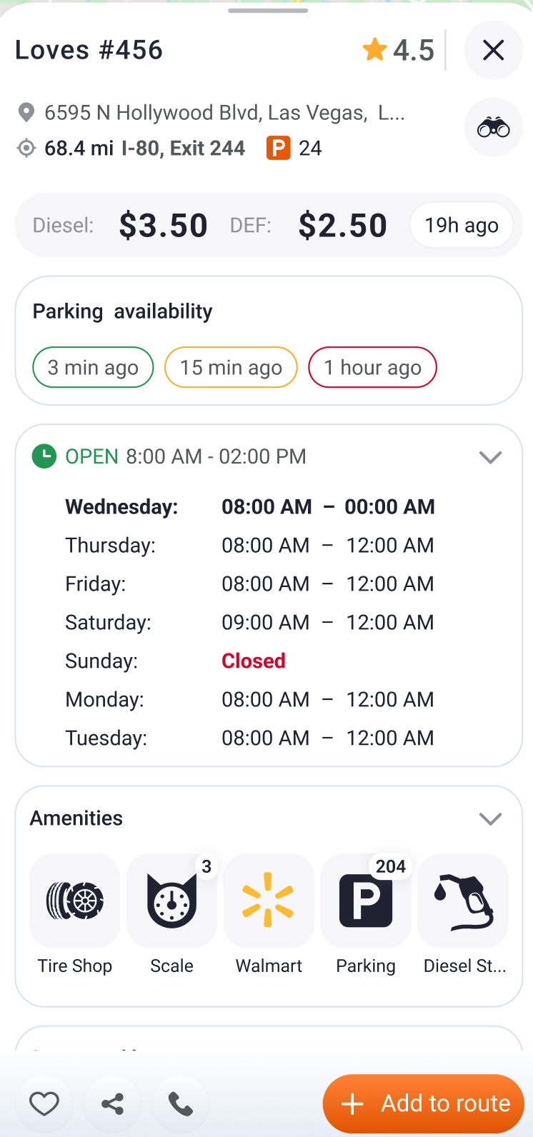 Trucker Guide app displaying truck parking status to help drivers estimate parking availability