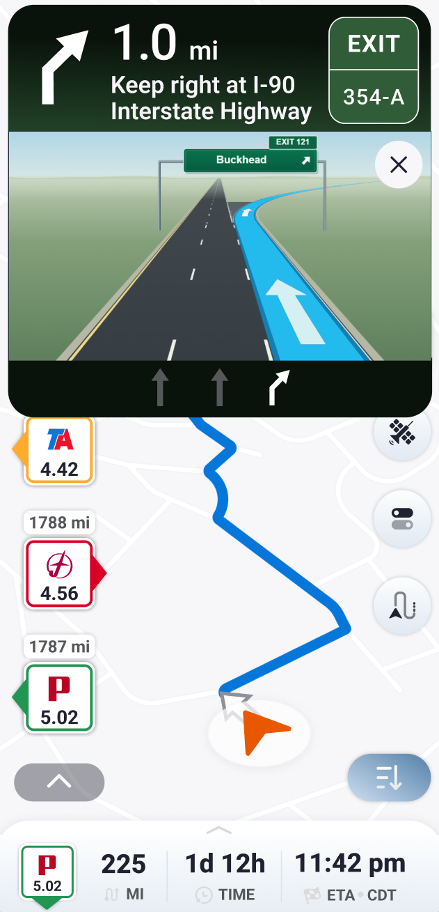 Trucker Guide Junction View showing an upcoming highway interchange and exit layout