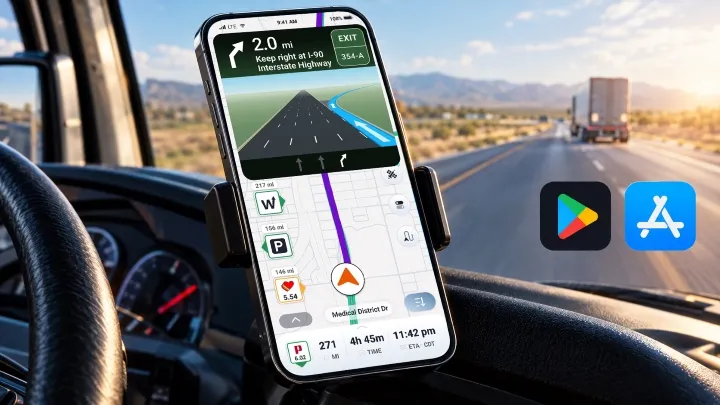 Trucker Guide app updates featuring route planning, Lane Assistance, Junction View, and expanded search features
