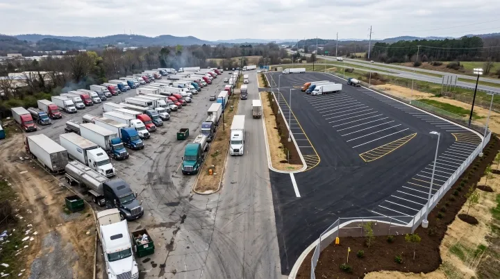 Crowded truck parking beside an expanded parking area with additional spaces, illustrating the U.S. truck parking shortage and planned expansion.