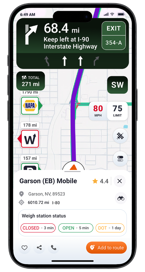 Trucker Guide app for finding weigh stations, checking status, truck navigation, parking, and fuel prices.