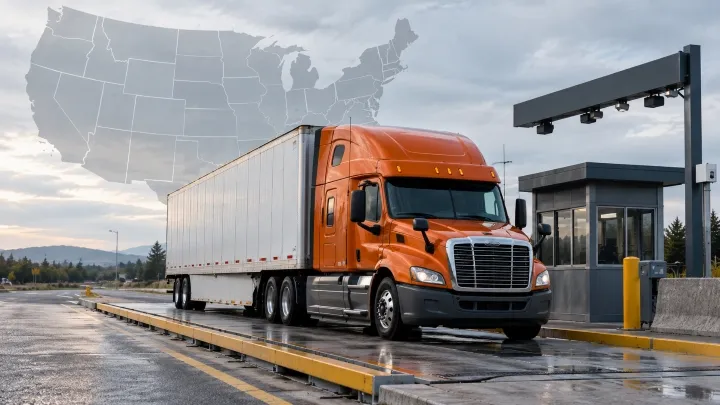 Orange semi-truck on a highway weigh station scale, illustrating overweight truck fines, state weight limits, and penalties across the U.S.