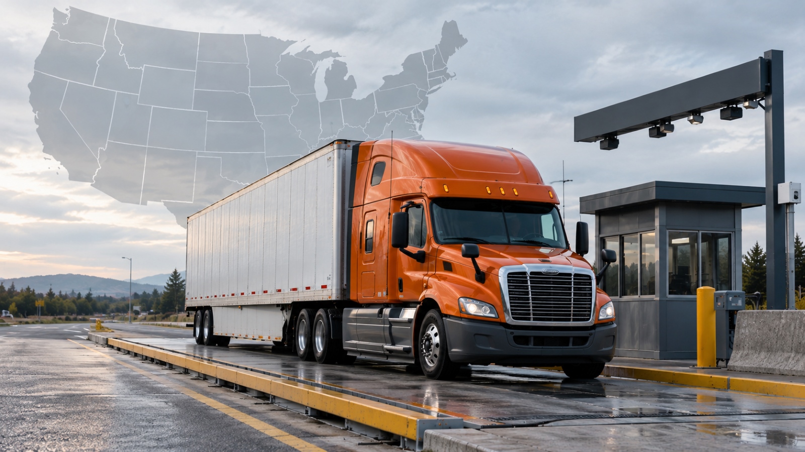 Orange semi-truck on a highway weigh station scale, illustrating overweight truck fines, state weight limits, and penalties across the U.S.
