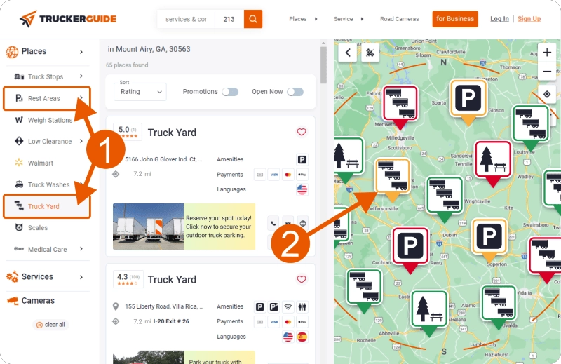 Trucker Guide shows truck parking availability with color-coded icons and details on nearby rest locations.
