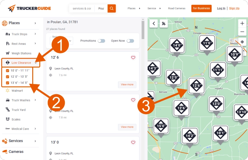 Trucker Guide app showing low-clearance locations to help drivers plan safer truck routes.