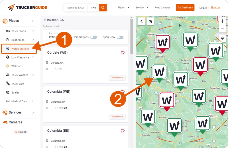 Trucker Guide app showing color-coded weigh station statuses to help drivers plan routes and avoid delays.