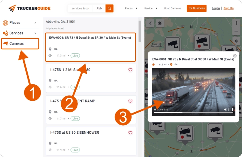 Trucker Guide app showing 17,000+ live traffic cameras for real-time road condition updates.