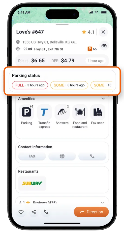 Trucker Guide displays truck parking status to help drivers check space availability before arriving and find alternatives if a lot is full.