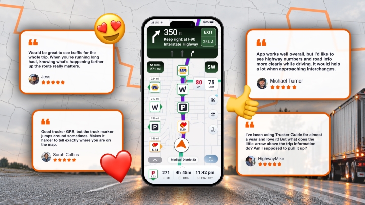 Trucker Guide navigation improvements inspired by driver feedback, shown on a smartphone with driver reviews.
