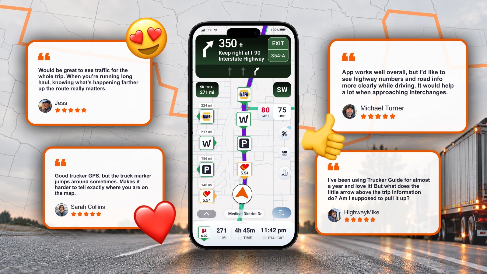 Trucker Guide navigation improvements inspired by driver feedback, shown on a smartphone with driver reviews.