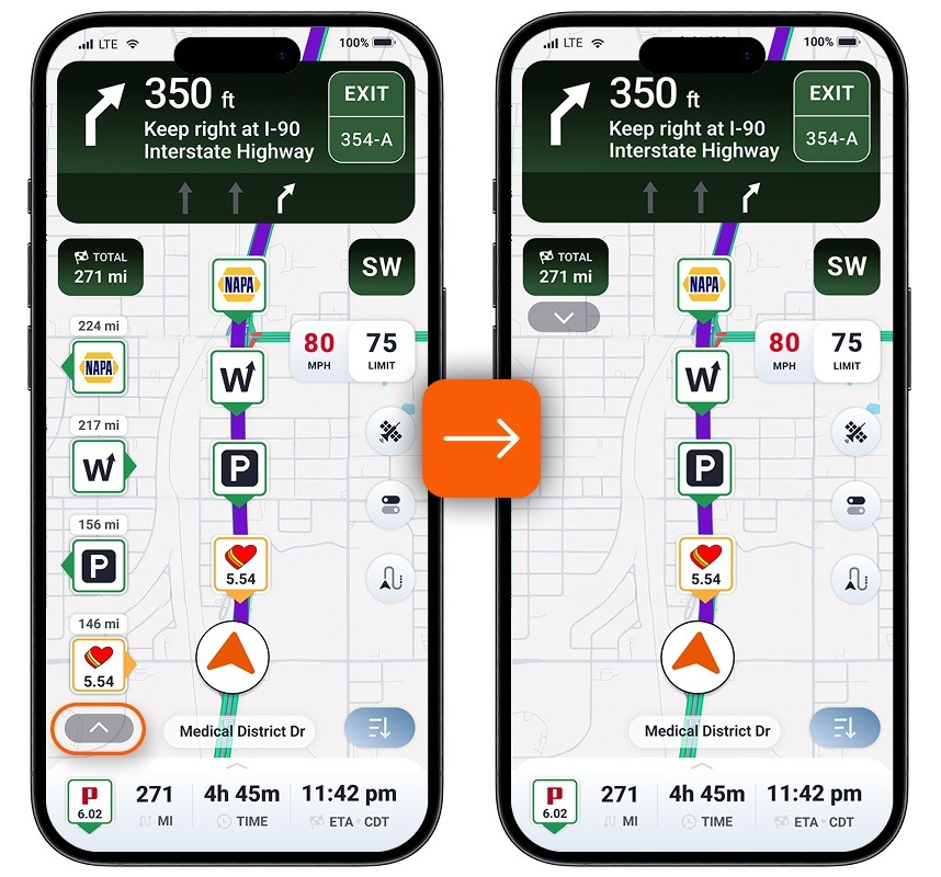 Trucker Guide map with the navigation bar hidden for a clearer route view.