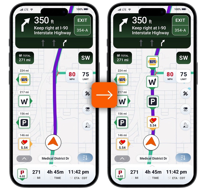 Trucker Guide map displaying selected locations along a truck route.