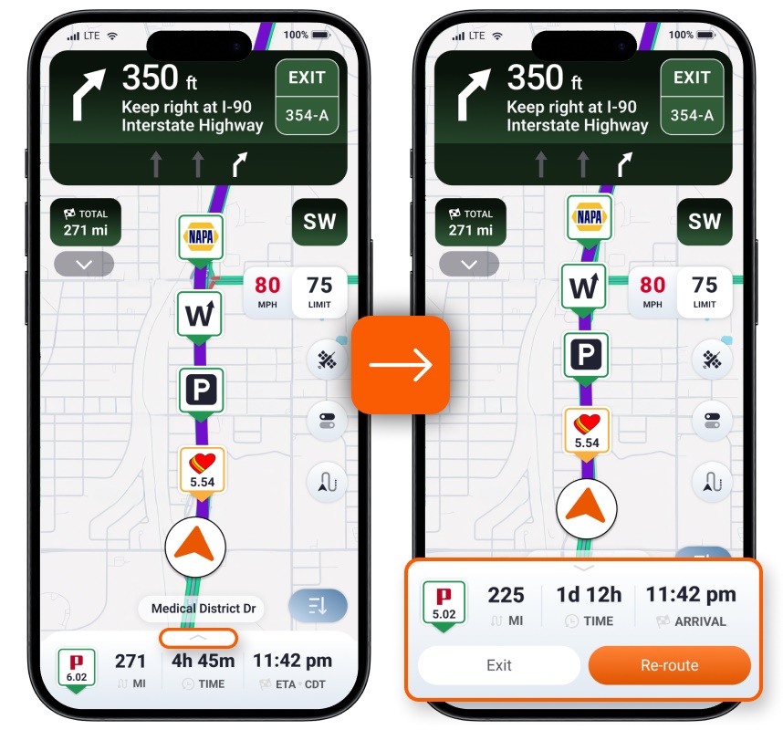 Trucker Guide navigation screen showing the arrow that opens additional navigation controls.