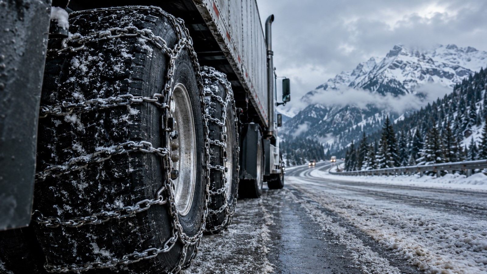 Heavy-duty semi-truck tires fitted with snow chains on a snowy highway through Washington’s Cascade Mountains.