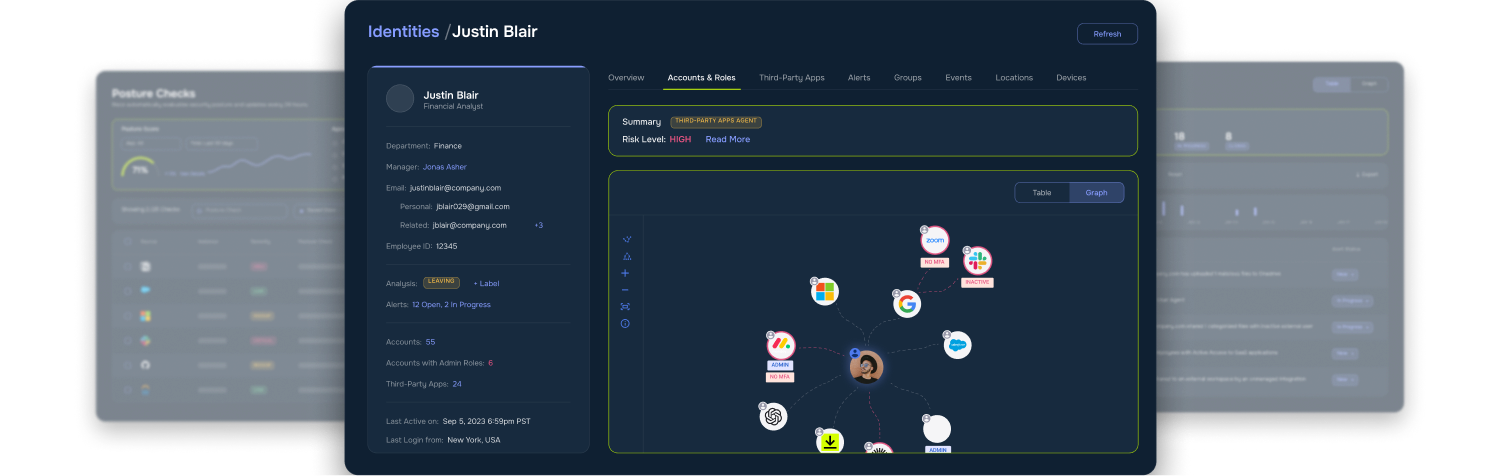 Reco platform screens showing identities and connected applications